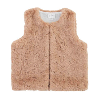 Girls’ taupe faux fur vest with hook-and-eye closure—perfect for layering over fall dresses, tops, or sweaters for cozy, classic style.