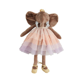 Velvet elephant princess plush wearing a pastel rainbow tutu and gold crown
