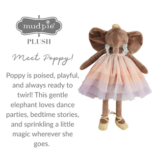 Velvet elephant princess plush wearing a pastel rainbow tutu and gold crown