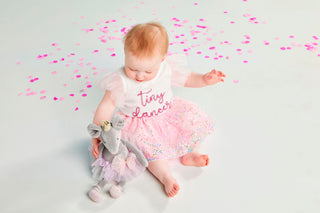Gray velvet ballerina mouse plush in pink and lavender tutu with gold crown