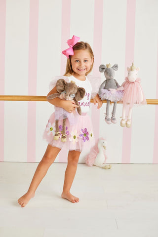 Mud Pie Velvet Princess plush animals in tutus—unicorn, swan, mouse, and elephant—ready to twirl in soft velvet and sparkle.