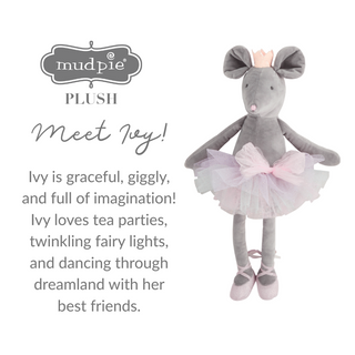 Gray velvet ballerina mouse plush in pink and lavender tutu with gold crown