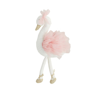 White swan plush toy with a pink tutu, bow, and gold shimmer beak and shoes