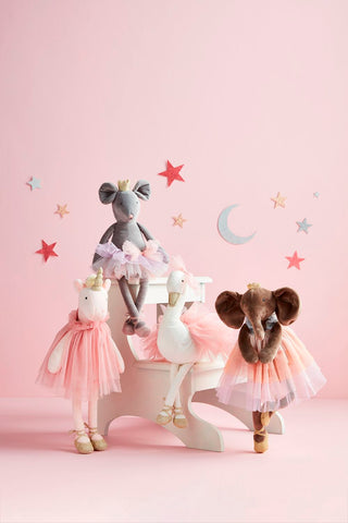 Mud Pie Velvet Princess plush animals in tutus—unicorn, swan, mouse, and elephant—ready to twirl in soft velvet and sparkle.