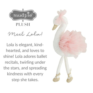 White swan plush toy with a pink tutu, bow, and gold shimmer beak and shoes