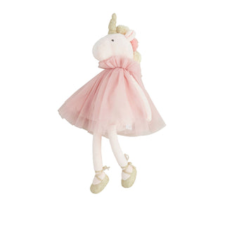 Soft unicorn plush with gold horn, pink tutu, and sparkly gold ballet shoes