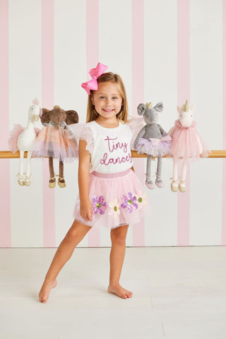 Mud Pie Velvet Princess plush animals in tutus—unicorn, swan, mouse, and elephant—ready to twirl in soft velvet and sparkle.