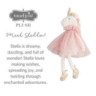 Soft unicorn plush with gold horn, pink tutu, and sparkly gold ballet shoes