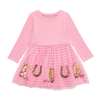 Mud Pie Western Sequin Dress flat lay with ribbed knit bodice and pink gingham skirt decorated with sequin boots and horseshoes.