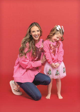 Mud Pie Girls Sparkle Bow Holiday Sweatshirt-Girls Sweatshirt/Pullover-Simply Blessed Children's Boutique
