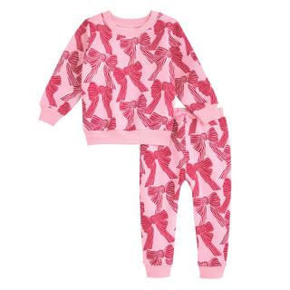 Mud Pie Girls Pink Bow Print Two-Piece Jogger Set-Girls Outfit Sets-Simply Blessed Children's Boutique