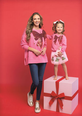 Mud Pie Girls Sparkle Bow Holiday Sweatshirt-Girls Sweatshirt/Pullover-Simply Blessed Children's Boutique
