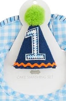 Blue Gingham Cake Smasher Hat and Bib Set-Baby Accessories-Simply Blessed Children's Boutique