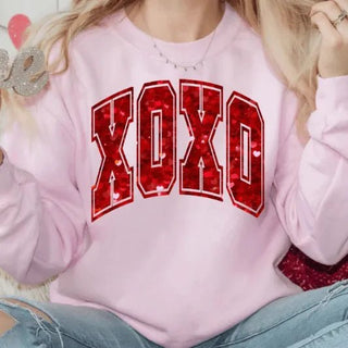 Pink XOXO Pink Sweatshirt with Faux Glitter Patches-Women's Sweatshirt/Pullover-Simply Blessed Children's Boutique