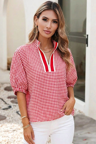 Red Gingham Short Sleeve Colorblock Trim Split Neck Blouse-Women's Short Sleeve Shirt-Simply Blessed Children's Boutique