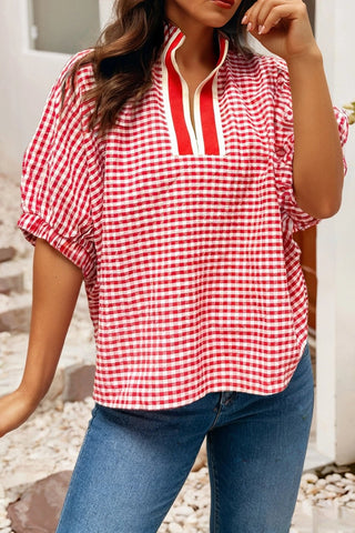Red Gingham Short Sleeve Colorblock Trim Split Neck Blouse-Women's Short Sleeve Shirt-Simply Blessed Children's Boutique