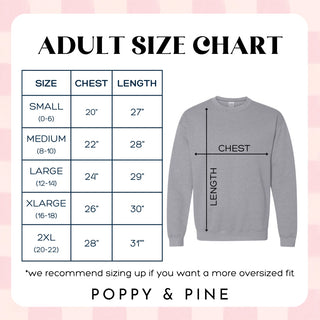 Adult size chart for a gray sweatshirt with measurements on a pink background, featuring the brand 'Poppy & Pine'.