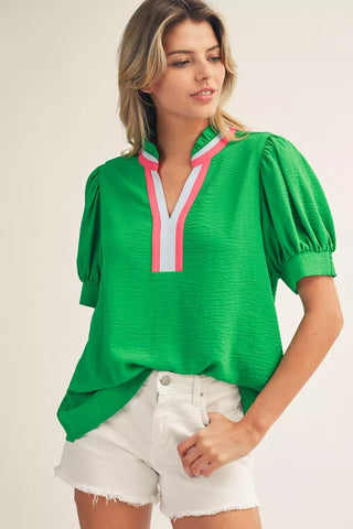 Jodifl Puff Sleeve Crinkle Top | Chic Ruffled V-Neck Contrast Blouse