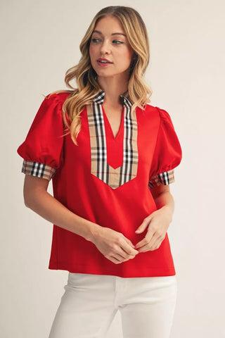 Jodifl Puff Sleeve Notched V-Neck Top with Plaid Contrast & Pleat Back