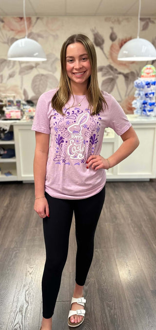 Purple Happy Easter Bunny Shirt-Women's Graphic Tees-Simply Blessed Children's Boutique