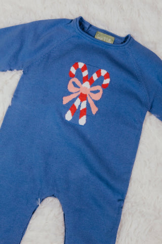 Sage and Lilly Blue Candy Cane Sweater Romper with Pink Bow-Girls One-Piece-Simply Blessed Children's Boutique
