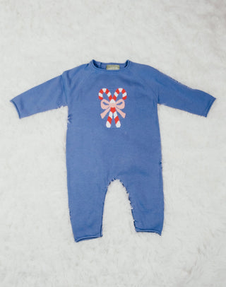 Sage and Lilly Blue Candy Cane Sweater Romper with Pink Bow-Girls One-Piece-Simply Blessed Children's Boutique