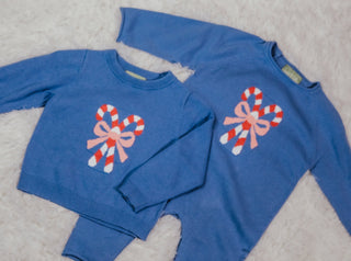 Sage and Lilly Blue Candy Cane Sweater Romper with Pink Bow-Girls One-Piece-Simply Blessed Children's Boutique