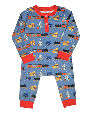 Sage & Lilly blue pajama set with holiday train print, red cuffs, and button placket. Perfect for Christmas photos and cozy nights.