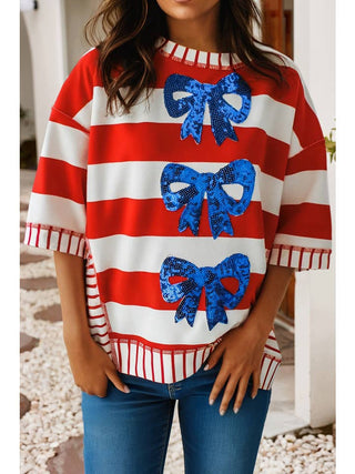 Sequin Bow Patriotic Half Sleeve Top-Women's Short Sleeve Shirt-Simply Blessed Children's Boutique