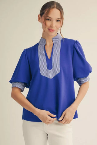 Jodifl Short Puff Sleeve High Neck Top with Stripe Accent