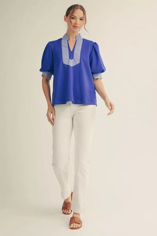 Jodifl Short Puff Sleeve High Neck Top with Stripe Accent