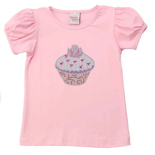 Pink puff sleeve tee with beaded cupcake design and rhinestone hearts – perfect birthday shirt for girls by Sparkle Sisters.