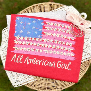 Red All American Girl Floral Flag Tee for Women-Women's Graphic Tees-Simply Blessed Children's Boutique
