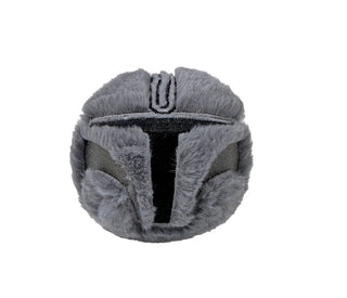 From TY, Gray Mandalorian Beanie Bouncer plush ball featuring fuzzy fabric and detailed stitched helmet design.