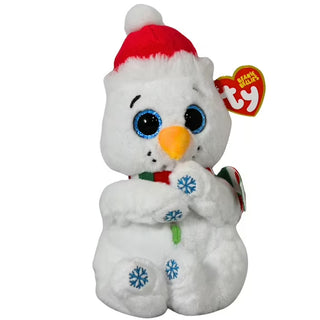 Sitting snowman Ty Beanie Belly with soft VelveTy fabric, glitter eyes, carrot nose, and simple winter details in a rounded pose.