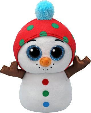 White snowman Ty Beanie with glittery blue eyes, carrot nose, red hat with blue pom, and colorful buttons down the front.
