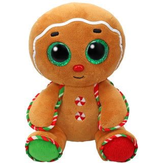 Gingerbread Ty Beanie plush with sparkling green eyes, peppermint buttons, red nose, and festive trim on arms and legs.
