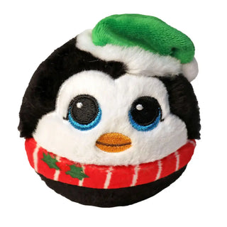 Spruce the Penguin: Black and white penguin Beanie Bouncer plush ball with green hat, red scarf, blue eyes, and orange beak.