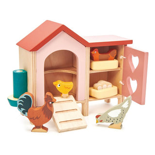 Wooden chicken coop playset with rooster, hens, chick, eggs, and ramp—perfect for farm-themed pretend play and little animal lovers.