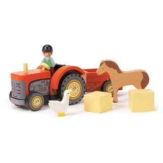 Wooden farm tractor playset with trailer, farmer figure, hay bales, horse, and goose—perfect for pretend play and farm adventures.
