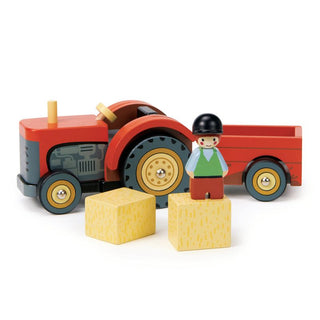 Wooden farm tractor playset with trailer, farmer figure, hay bales, horse, and goose—perfect for pretend play and farm adventures.