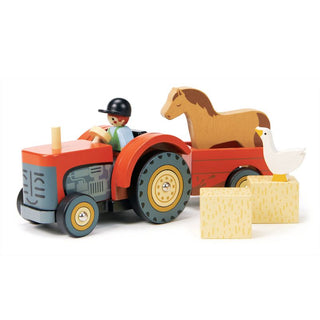 Wooden farm tractor playset with trailer, farmer figure, hay bales, horse, and goose—perfect for pretend play and farm adventures.