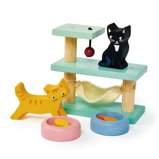 Wooden cat playset with 2 cats, cat tree, hammock, toy ball, and 2 food bowls—perfect for pretend play and dollhouse fun.