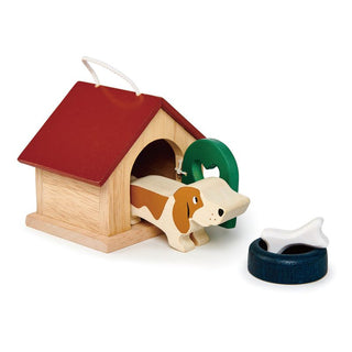 Wooden dog playset with doghouse, food bowl, bone, and brown puppy—perfect for dollhouse or pretend pet care play.