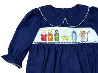 Three Sisters Navy Long Sleeve Smocked Nativity Baby Girls Bubble-Infants-Simply Blessed Children's Boutique