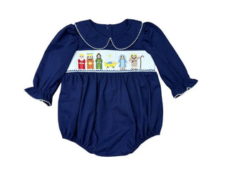 Three Sisters Navy Long Sleeve Smocked Nativity Baby Girls Bubble-Infants-Simply Blessed Children's Boutique