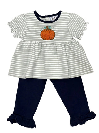 Three Sisters Short-Sleeve Striped Pumpkin Applique Top with Navy Leggings Set-Misc.-Simply Blessed Children's Boutique