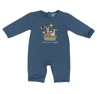 Three Sisters Away in a Manger Boys Romper with manger and nativity animals applique, long sleeves, and button leg snaps.
