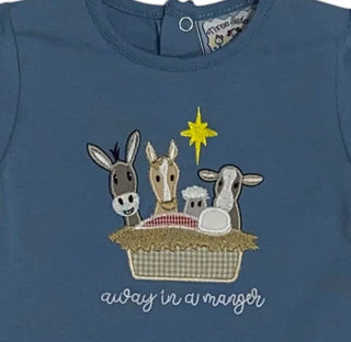 Three Sisters Away in a Manger Boys Romper with manger scene that includes barnyard animals, baby Jesus, and star.