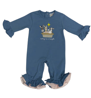 Three Sisters Away in a Manger Girls Romper with manger scene applique featuring baby Jesus and animals and long sleeves.